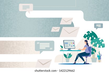 Distant Work in Internet Flat Vector Concept. Businesswoman Sitting at Desk with Computer Monitor, Messaging, Mailing with Colleagues or Partner Online, Communicating in Social Network Illustration