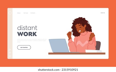 Distant Work Landing Page Template. Joyful Woman Character Smiling While Working On Her Laptop, Radiating Positive Energy And Contentment while doing her Tasks. Cartoon People Vector Illustration