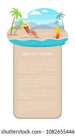 Distant work leaflet freelancer woman in big straw hat resting on chaise longue under striped umbrella at tropical beach, bus trailer on background