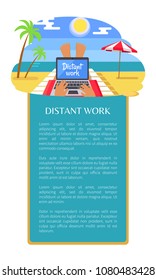 Distant work leaflet poster freelancer legs, person lying on tropical beach with notebook on knees, umbrella and coastline in front, vector illustration