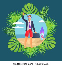 Distant work, man wearing suit vector. Freelancer in diving mask, surfing board, leaves of monstera and palm tree. Person holding briefcase on beach