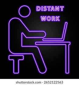 distant work neon sign, modern glowing banner design, colorful modern design trends on black background. Vector illustration.