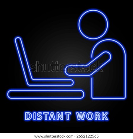 distant work neon sign, modern glowing banner design, colorful modern design trends on black background. Vector illustration.