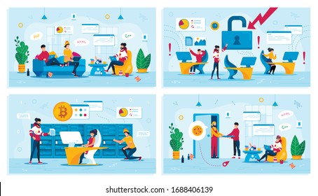 Distant Work, Online Security, Bitcoin Trading, Trendy Flat Vector Concepts Set. Employees in Panic Because of Computers Breakage, Cryptocurrency Miners, Programmers Team Working at Home Illustration