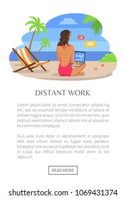 Distant work poster with push button read more, woman back view sitting on sand near empty chaise longue and sending mails, vector at coastline seashore