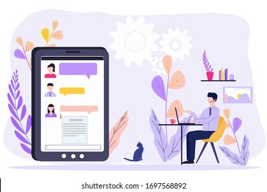 Distant Work Quarantined, Chat. Man Sitting At Home And Using Laptop, Chatting To Colleagues. Concept Freelance, Remote Work, Teleworking, Quarantine. Vector For Web Banner, Social Media, Landing Page