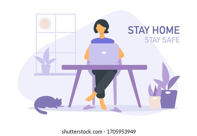 Distant work quarantined. Protect yourself. Stay home stay safe on quarantine during the coronavirus epidemic young woman with cat, houseplant, laptop, desk. Coronavirus outbreak vector concept