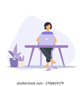 Distant work quarantined. Protect yourself. Flat illustration Stay home on quarantine during the coronavirus epidemic young woman with  houseplant, laptop, desk. Vector for web banner, landing page