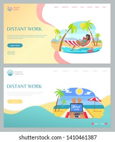 Distant work webpage woman lying on hammock with laptop, person using computer on chaise lounge, ocean view, freelancer and summertime job set vector. Website template, landing page flat style