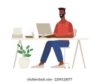 Trabajador a distancia en la oficina del hogar trabajando en el proyecto en línea. Hombre con computadora personal completando tareas. Personaje o personaje, vector en estilo de dibujo plano