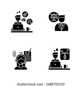 Distant workers black glyph icons set on white space. Creative and graphic design, transcription and legal service. Freelance lawyer and designer. Silhouette symbols. Vector isolated illustration