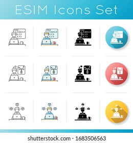 Distant workers icons set. 3D modelling and creative design, web development. Programmimg and designing. Program creating. Linear, black and RGB color styles. Isolated vector illustrations