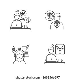 Distant workers pixel perfect linear icons set. Creative and graphic design, legal service. Customizable thin line contour symbols. Isolated vector outline illustrations. Editable stroke