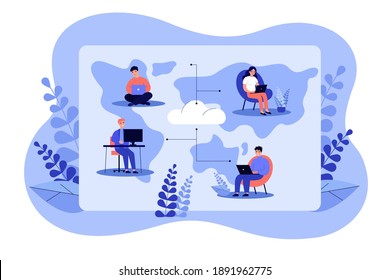 Distant workers using cloud system in work and data storage flat vector illustration. Cartoon employees working on computers in global network. Teamwork and management concept