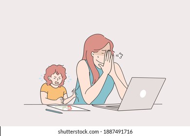 Distant working with child, freelance and stay at home concept. Tired stressed young woman mother trying to work from home at laptop with crying baby toddler vector illustration 