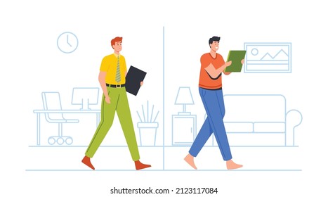 Distant Working From Home, Flexibility Concept. Male Character Hybrid Work, Man At Separated Area Office And Home Interior Wear Formal Suit And Domestic Clothes. Cartoon People Vector Illustration