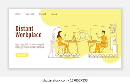 Plantilla vectorial plana de silueta plana de página de inicio del lugar de trabajo a distancia. Diseño de página de inicio de trabajo remoto. Interfaz independiente de una página web con personaje de esquema de caricatura. Banner web de externalización, página web