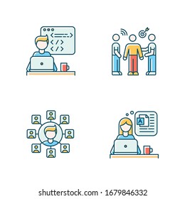 Distant works RGB color icons set. Web developer and public relations officer, social media blogger and SEO specialist. Branding, blogging and programming. Isolated vector illustrations