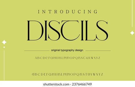 Distil Elegant luxury abstract wedding fashion logo font alphabet. Minimal classic  urban fonts for logo, brand etc. Typography typeface uppercase lowercase and number. vector illustration
