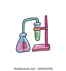 Distillation apparatus with cone flask, cooler and distillate. Hand drawn doodle outline illustration in childish style