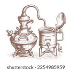 Distillation apparatus sketch. Alcohol ethanol production, distillery. Retro alcohol machine in vintage engraving style