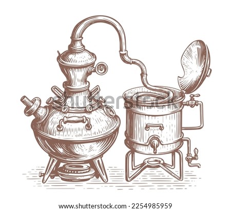 Distillation apparatus sketch. Alcohol ethanol production, distillery. Retro alcohol machine in vintage engraving style Stockfoto © 