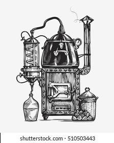 Distillation apparatus sketch. Hooch vector illustration