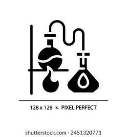 Distillation black glyph icon. Chemistry lab. Boiling flask. Chemical experiment. Separation process. Silhouette symbol on white space. Solid pictogram. Vector isolated illustration. Pixel perfect