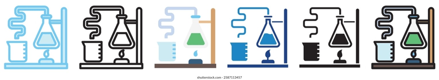 Distillation multi style, mini illustration icon. outline, flat, glyph, line color, UI, UX, app and web, digital or print. For education, research, chemistry.