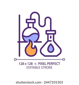 Distillation RGB color icon. Chemistry lab. Boiling flask. Chemical experiment. Separation process. Isolated vector illustration. Simple filled line drawing. Editable stroke. Pixel perfect