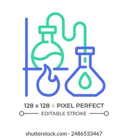 Distillation two color line icon. Chemistry lab. Boiling flask. Chemical experiment. Separation process bicolor outline symbol. Duotone linear pictogram. Isolated illustration. Editable stroke