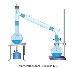 Distillation vector illustration. Drawing with boiling and concentrator bottles and equipment.