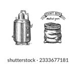 Distilled alcohol. Device for preparing tequila, cognac and spirits. Engraved hand drawn vintage sketch. Woodcut style. Vector illustration for menu or poster.