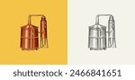 Distilled alcohol. Device for preparing tequila, cognac and spirits. Engraved hand drawn vintage sketch. Woodcut style. Vector illustration for menu or poster.