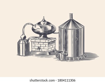 Distilled alcohol. Device for preparing tequila, cognac and spirits. Engraved hand drawn vintage sketch. Woodcut style. Vector illustration for menu or poster.