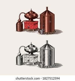 Distilled alcohol. Device for preparing tequila, cognac and spirits. Engraved hand drawn vintage sketch. Woodcut style. Vector illustration for menu or poster.