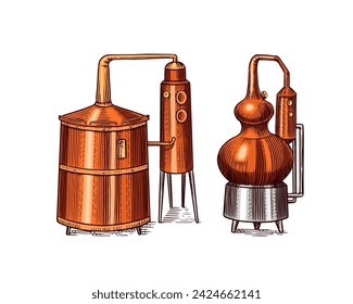 Distilled alcohol. Device for preparing tequila, cognac and spirits. Engraved hand drawn vintage sketch. Woodcut style. Vector illustration for menu or poster.