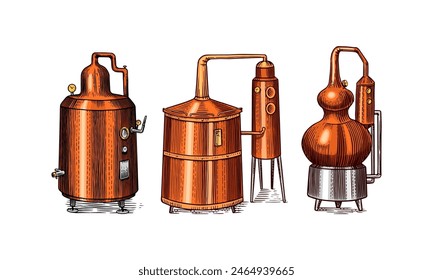 Distilled alcohol. Device for preparing tequila, cognac and spirits. Engraved hand drawn vintage sketch. Woodcut style. Vector illustration for menu or poster.