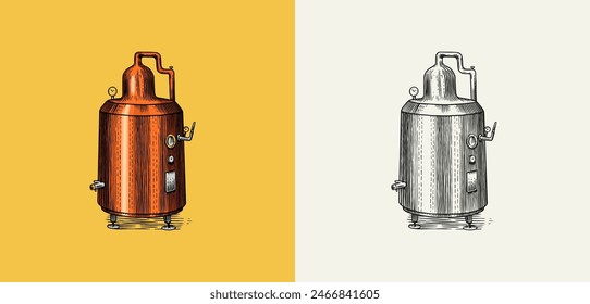 Destillierter Alkohol. Vorrichtung zur Herstellung von Tequila, Cognac und Spirituosen. Gravierte Hand gezeichnete Vintage-Skizze. Holzschnitt. Vektorillustration für Speisekarte oder Poster.