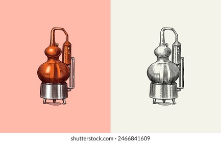 Distilled alcohol. Device for preparing tequila, cognac and spirits. Engraved hand drawn vintage sketch. Woodcut style. Vector illustration for menu or poster.