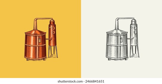 Distilled alcohol. Device for preparing tequila, cognac and spirits. Engraved hand drawn vintage sketch. Woodcut style. Vector illustration for menu or poster.