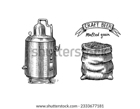 Distilled alcohol. Device for preparing tequila, cognac and spirits. Engraved hand drawn vintage sketch. Woodcut style. Vector illustration for menu or poster.