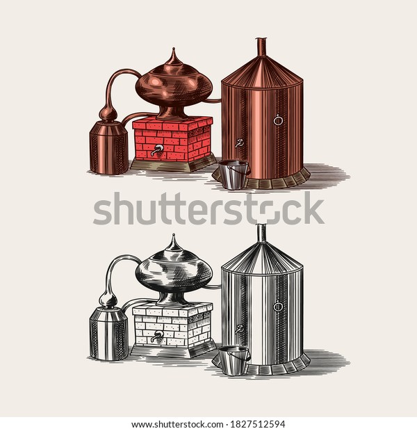 Distilled alcohol. Device for preparing\
tequila, cognac and spirits. Engraved hand drawn vintage sketch.\
Woodcut style. Vector illustration for menu or\
poster.