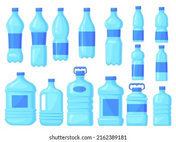 Distilled water bottles. Plastic big bottle with liter mineral bottled drinks for consumption store, blue lid distillation container, stock liquid, cartoon vector illustration. Mineral liquid drink