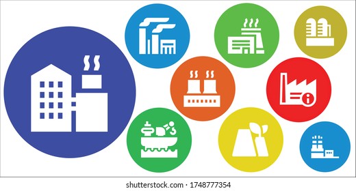 conjunto de iconos de destilería. 9 iconos de destilería rellenos. Iconos de fábrica incluidos