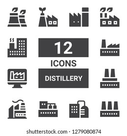 distillery icon set. Collection of 12 filled distillery icons included Factory, Eco factory