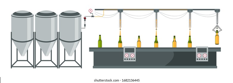 Distillery plant, brewery flat vector illustration. Automated beer making process, ale brewing machinery. Modern alcohol factory equipment, boiling tanks, lager bottles on conveyor. Alcohol industry