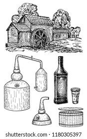 Distillery set that makes hard alcohol, vector ink hand drawn illustration isolated on white background.