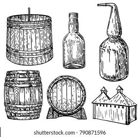 Distillery set that makes hard alcohol, vector ink hand drawn illustration isolated on white background.