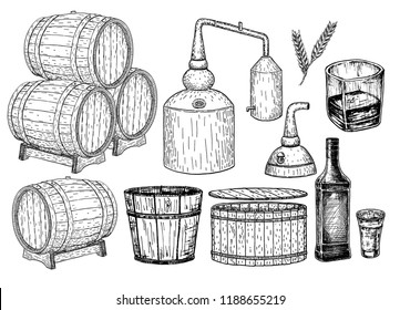 Distillery. Vector Hand Drawn Whisky Production Elements. Whiskey Production Process. Wooden Barrel With Whiskey. Sketch.